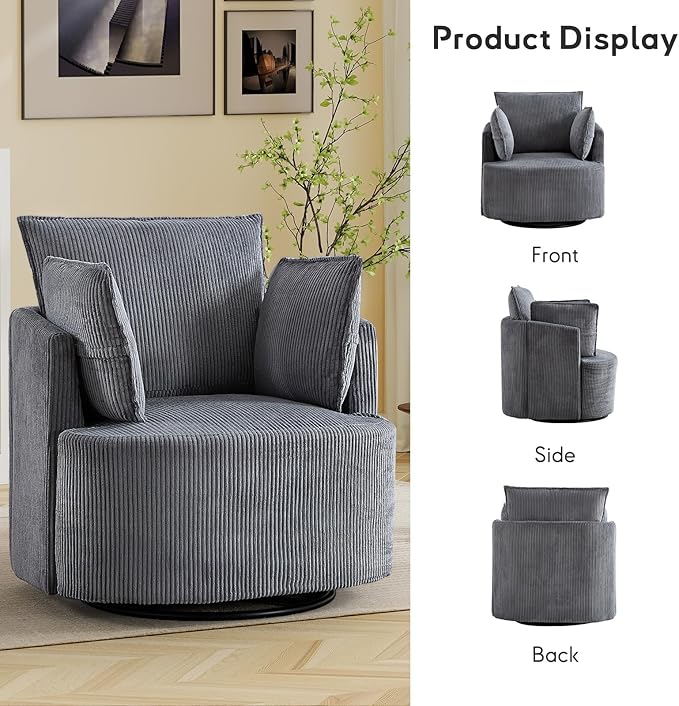 Bonzy Home 360° Swivel Accent Chair Comfy Corduroy Swivel Barrel Chair with 2 Soft Pillows Single Sofa for Living Room Bedroom Grey