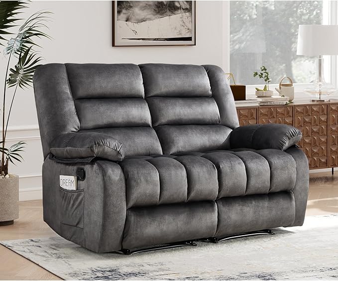 EBELLO Reclining Loveseat Overstuffed Comfortable Armrest 2 Seat Recliner Sofa Manual Reclining Couch for Living Room Bedroom Furniture Grey (Loveseat)