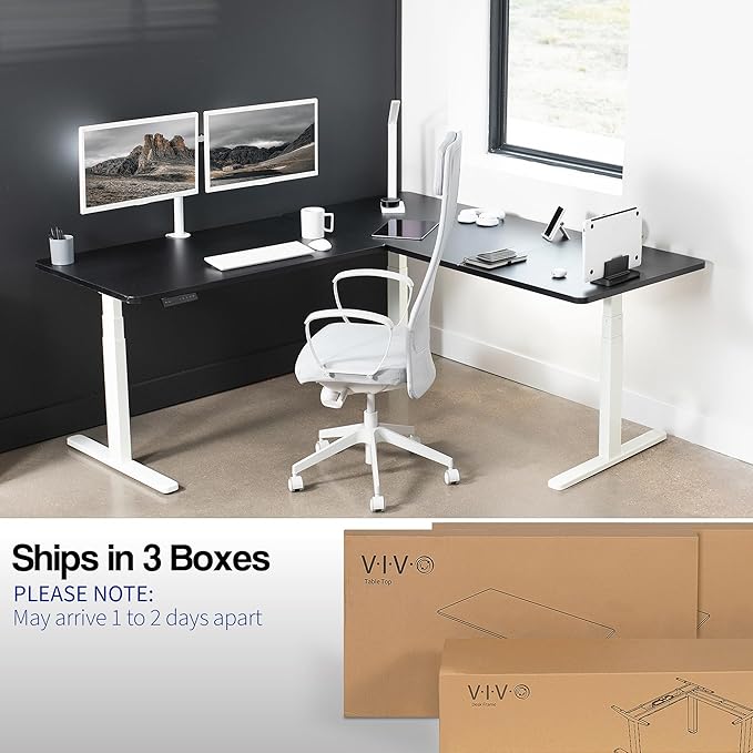 VIVO Electric Height Adjustable 77 x 71 inch Corner Stand Up Desk 2 Black 30 inch Deep Table Tops White Frame Memory Controller L-Shaped Workstation 3E Series DESK-KIT-3E7WB