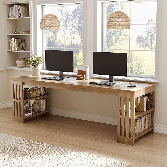 LITTLE TREE 78.7 Long Desk 2 Person Desk with Shelves Large Wooden Computer Desk Heavy Duty Shelf Legs Design for Two Person Home Office Business Workstation Natural (78.7 W x 23.6 D)