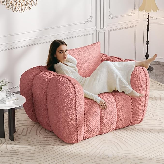 Furnimart Pumpkin Single Sofa Oversized Could Comfy Accent Chair Foam Boneless Chair Wide Seat Modern Small Couch for Living Room Bedroom Assemble Free(Pink)