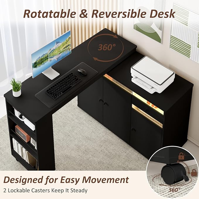 53 L-Shaped Computer Desk Rotating Home Office Desk with Storage Cabinet &amp Drawer Modern Craft/Study/Writing Table with LED Light Reversible Swivel Corner Desk Bedroom Black