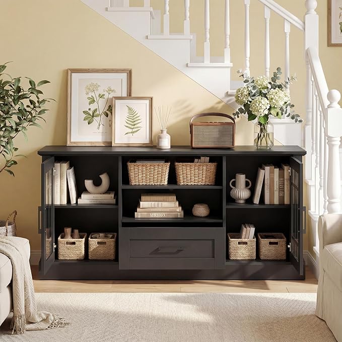 Giantex Farmhouse TV Stand for 65/70 Inch TV Tall Entertainment Center with Storage Cabinets Glass Doors Drawer Removable Shelves Media TV Console Table for Living Room Bedroom (Black)
