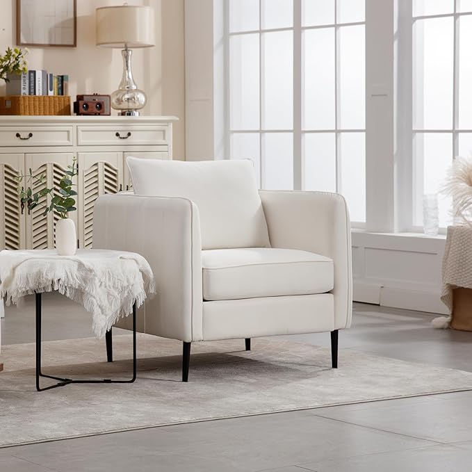 Lvory Accent Chair for Living Room Modern Upholstered Accent Chair Comfy Velvet Armchair with Thick Cushion Single Sofa Arm Chairs for Bedroom Office Reading RoomClub (Lvory)