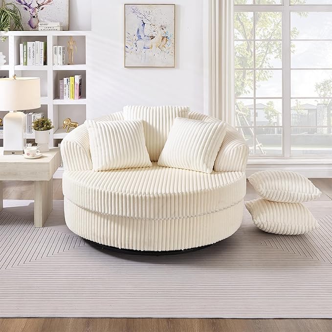 360 Degree Oversized Swivel Chair 50 Round Lounge Chair Modern Accent Circle Chair W/ 5 Pillows Upholstered Corduroy Sofa Chair for Living Room Bedroom Apartment Beige