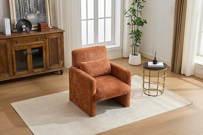 GDFStudio 30 Modern Accent Chair Upgrade Leisure Boucle Upholstered Armchair with Straight Arms and Waist Pillow Comfy Single Sofa Chair for Living Room Bedroom Office Apartment Orange
