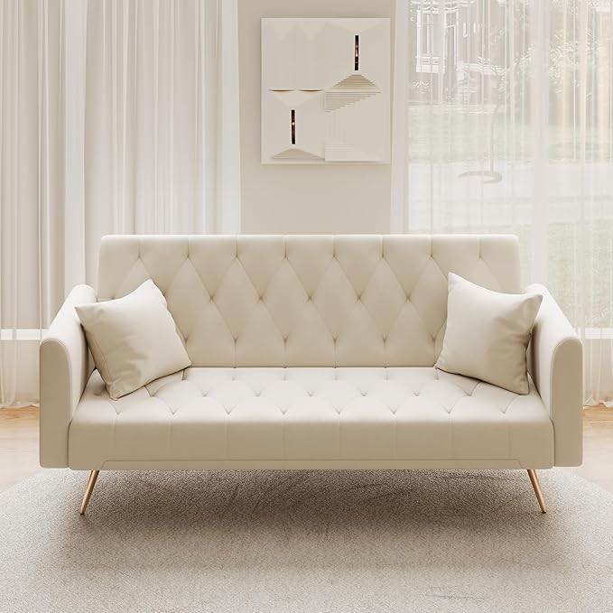 Modern Velvet Sofa Bed Futon with 2 Pillows2-in 1 Convertible Sleeper Couch BedFolding Recliner Loveseat with Golden Metal Legs for Living Room Apartment Office (Beige)