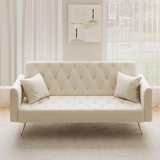 Modern Velvet Sofa Bed Futon with 2 Pillows2-in 1 Convertible Sleeper Couch BedFolding Recliner Loveseat with Golden Metal Legs for Living Room Apartment Office (Beige)