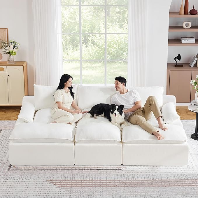109 3 Seat Boneless Couch with Movable Ottoman Boneless Modular Sectional Sofa Deep Seat Modern Sleeper Sofa Bed for Living Room Cloud Modular Sectional Couch 3 Seat Chenille Chaise Lounge White
