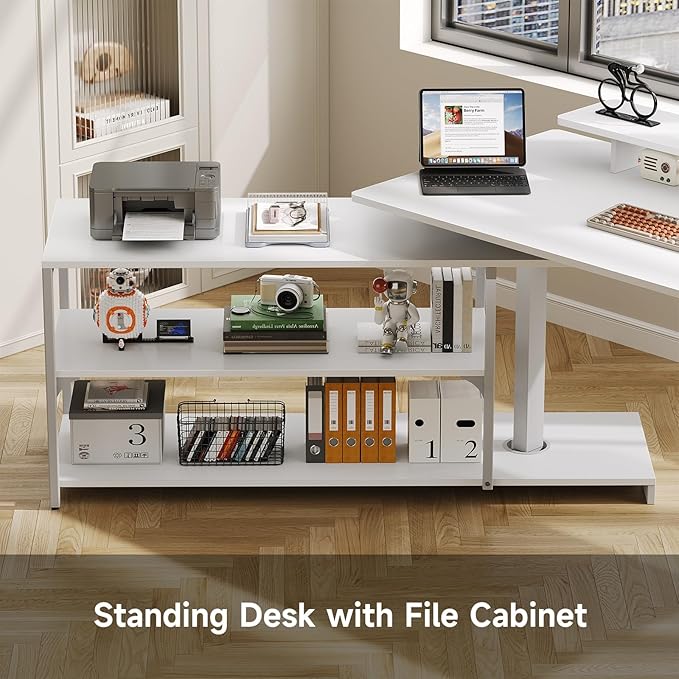 Standing Desk with File Cabinet 63x24'' L Shaped Electric Stand Up Desk with Adjustable Monitor Shelf Adjustable Height 28-46'' for Home and Computer Workstation White