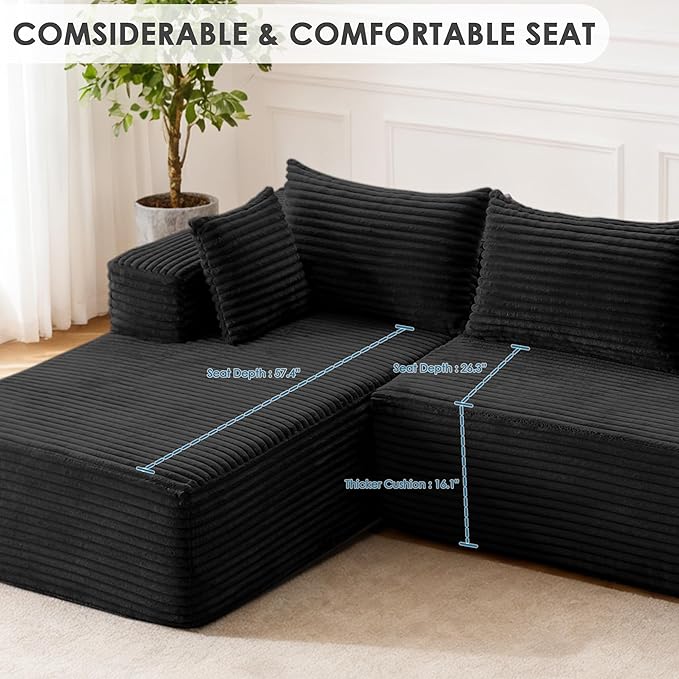 107 Cloud Couch Modular Sectional L Shaped Couch with Chaise Deep Seat Sofa Fluffy Corduroy Couches Boneless Couch for Living Room Black Left Facing Chaise