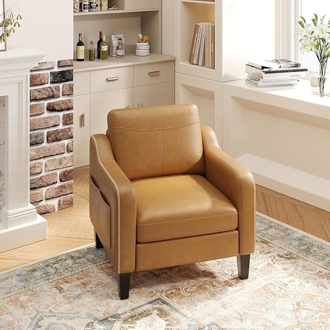 PU Leather Accent Chair Mid-Century Modern Living Room Armchair Sofa with Removable Cushions Solid Wood Frame &amp Stitched Armrest Design Bedroom Chair with Plastic Legs Brown