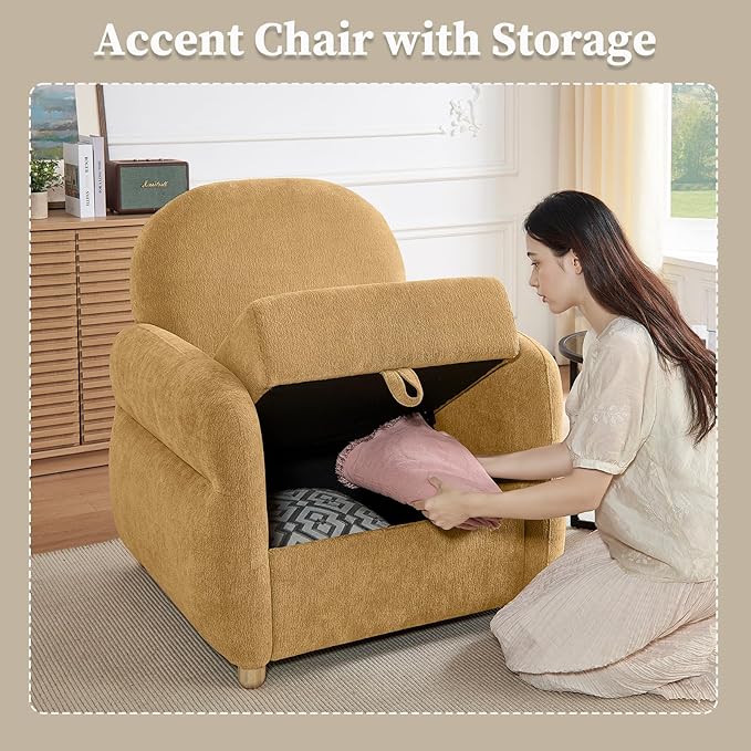 Accent Chair for Living Room 33.5 W Comfy Chenille Armchairs with Storage and Pillow Single Reading Chairs for Bedroom Study Room Apartment Tool Free Assembly Mustard Yellow