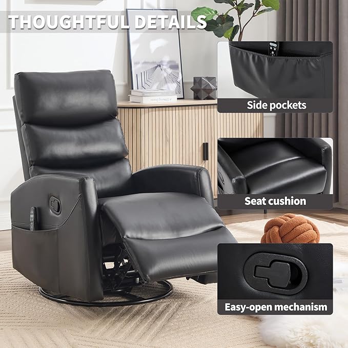 Massage Chair Recliner with Heat Swivel Rocking Chair Recliner with High Back Manual Lazy Boy Recliners for AdultsSmall Recliner Chair for Small Spaces Living Room Bedroom Fabric (Black)