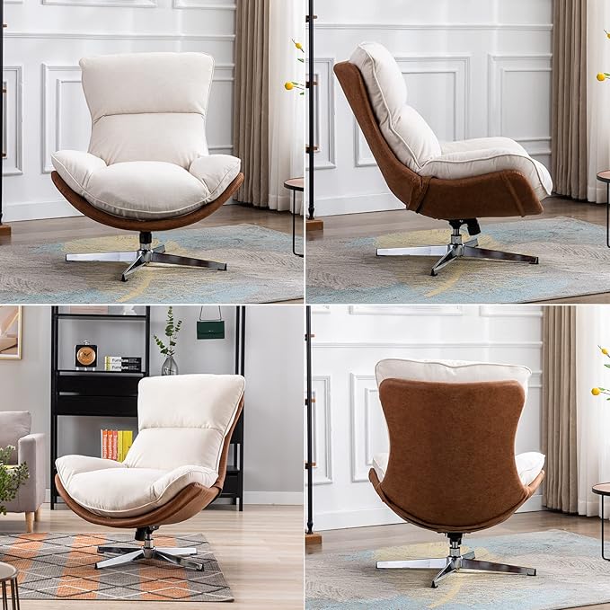 DUOMAY Swivel Accent Chair Modern Linen Soft Foam Lounge Chair with High Back Comfy Rocker Chair for Living Room Bedroom Reading Room Office Tilt &amp Swivel Chrome Base Beige