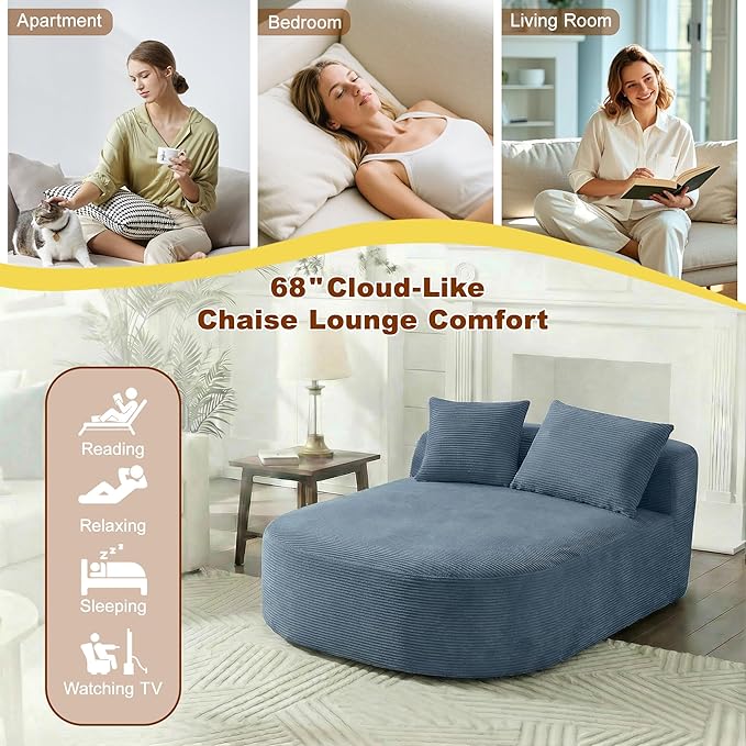 Chaise Lounge Chair Indoor 67.5 Oversized Boneless Couch Could Comfy Upholstered Sleeper Sofa Bed Corduroy Plush Modern Curved Floor Sofas Chair with 2 Pillows for Readng Living Room Bedroom Apartment