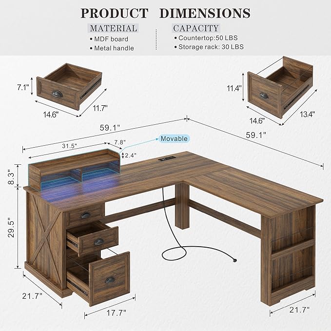 Executive L Shaped Desk with Monitor Stand 59 inch Farmhouse Corner Computer Desk with Power Outlets &amp LED Lights Home Office Desk with File Cabinet for Working Gaming Writing Dark Walnut