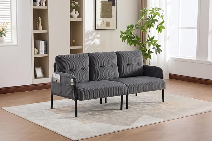 KEIKI 67 Corduroy Loveseat Sofa with Double Side Pockets &amp High Resilience Cushion Modern Style Upholstery Oversized 2-Seater Couch with Metal Legs Easy Assembly for Living Room Gray
