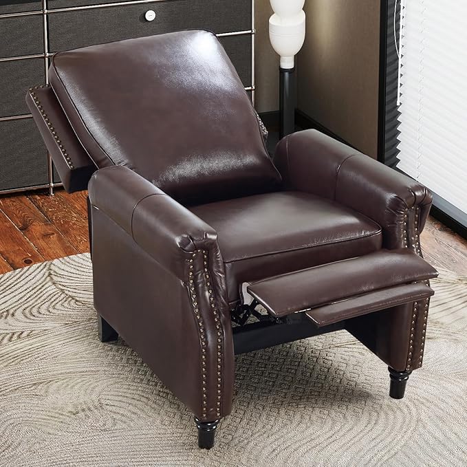 CANMOV Push Back Recliner Chair Genuine Leather Pushback Reclining Chair with Padded Seat Wingback Recliner with Rivet Decoration Single Sofa Recliner for Living Room Apartment Dark Brown