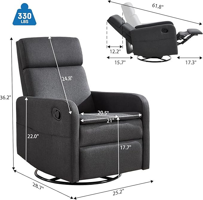 Swivel Rocking Recliner Chair for Adults Upholstered Fabric Glider Recliner Reclining Chair with Side Pockets and Double-Thick Cushion for Living Room Bedroom Nursery (Grey)