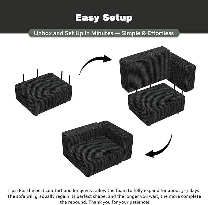 Modern Oversized Modular Sectional Sofa Boneless Cloud L Shaped Couch with Legs Corduroy Big Comfy Deep Seat Sofa for Living Room &amp Apartment（Black146″L Shaped Sofa）