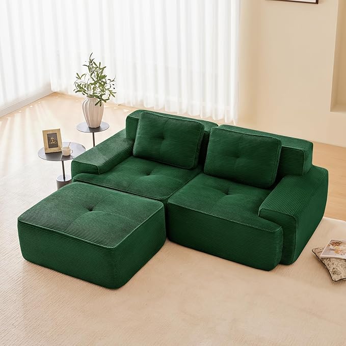 Modern Boneless Couches for Living Room Corduroy Cloud Couch Sectional with Deep Seat Green Modular Sectional Sofa Couch for Living Room Sofas para Sala (Green Ottoman)