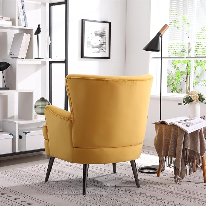 Generic Living Room Chairs Button Tufted Accent Chairs Comfy Bedroom Chair Velvet Side Sitting Chairs Modern Fabric Sofa Slipper Chair for Reading Yellow