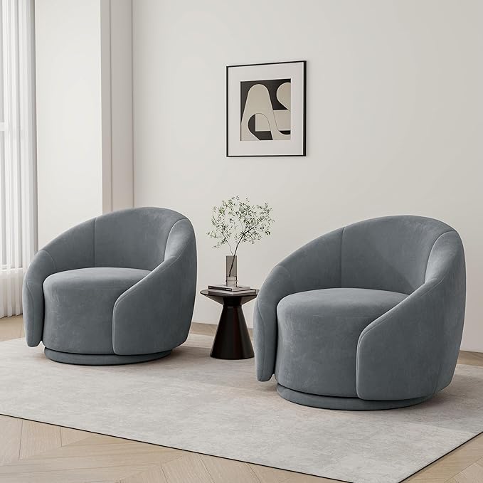 Swivel Barrel Accent Chair 360° Small Round Sofa Chair Comfy Modern Reading Armchair for Living Room Bedroom (Velvet Grey Set of 2)