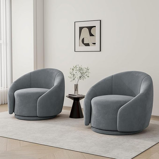 Swivel Barrel Accent Chair 360° Small Round Sofa Chair Comfy Modern Reading Armchair for Living Room Bedroom (Velvet Grey Set of 2)