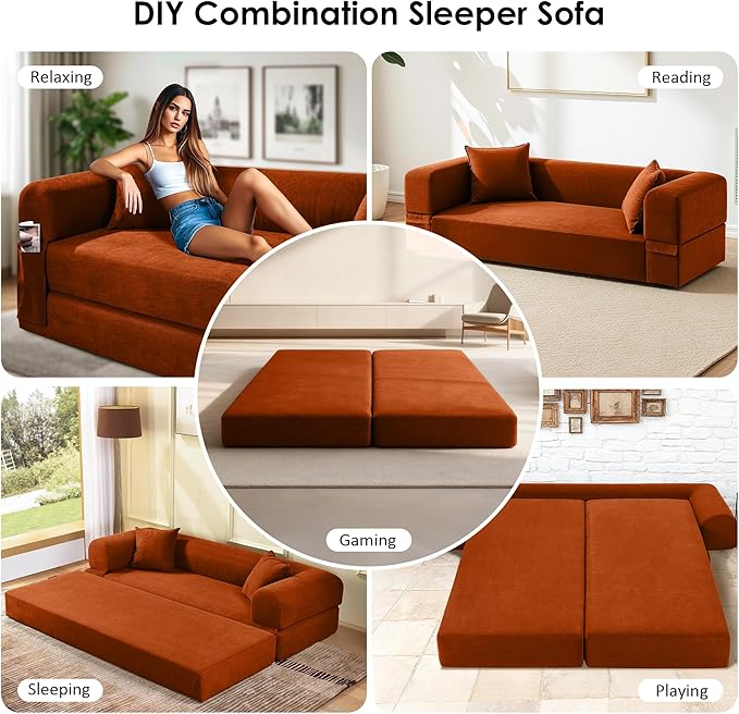 80 Convertible Sofa Bed 3-in-1 Corduroy Folding Pull Out Couch with Pillows No Assembly Modern Boneless Couch Compression Sofa in Box Floor Sofa with Side Storage Pocket for Living Room Orange