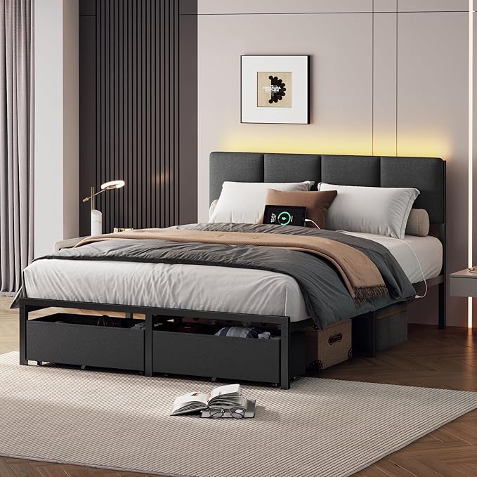Furnulem Full Size Bed Frame with Headboard Upholstered Full Bed Frame with LED Light USB Charging Station Platform Bedframe with 2 Fabric Underbed Storage Drawers No Spring Box Needed