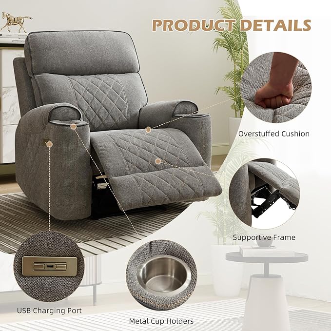 EBELLO Electric Recliner Chair Soft Fabric Power Reclining Chair with Cup Holders USB Charging Ports for Living Room Bedroom and Meeting Room Light Grey
