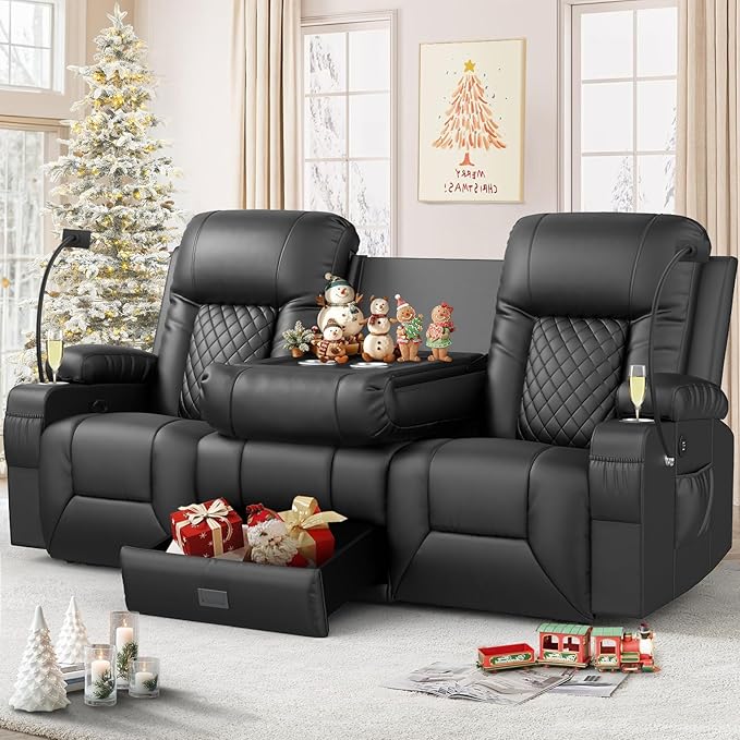 Loveseat Recliner Sofa Modern Dual Reclining Sofa with Flip Back Console 3 Seater PU Leather Loveseat Couch for Living Room/RV with Storage USB Ports Cup Holder Cell Phone Holder Black