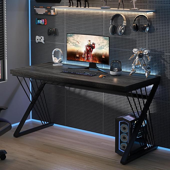 FOLUBAN Modern Home Office Desk Rustic Wood and Metal Computer Desk Writing Study Gaming Table PC Desks for Living Room Bedroom Industrial Dark Gray 53 inch