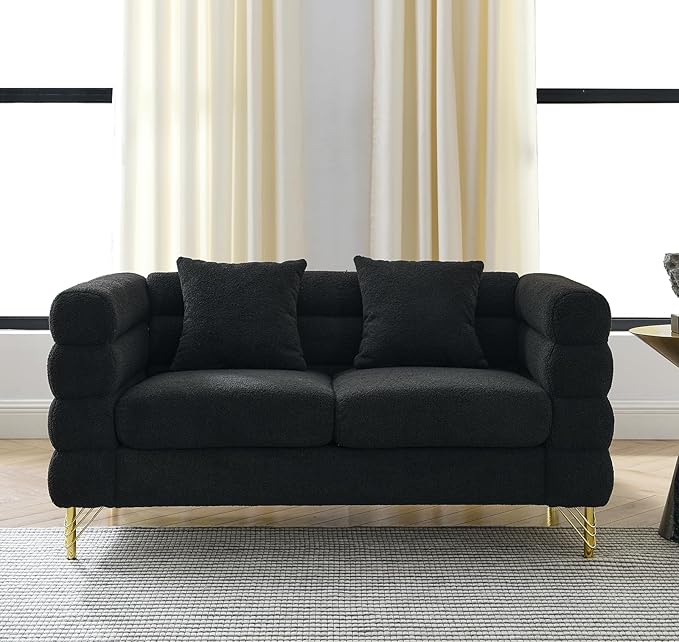 Comfy Loveseat Sofa 60-inch 2 Seater Boucle Couch with Deep Seat Design Upholstered Love Seat with 2 Pillows Modern Living Room Sofa with Stylish Metal Legs for Office Waiting Room Black Teddy