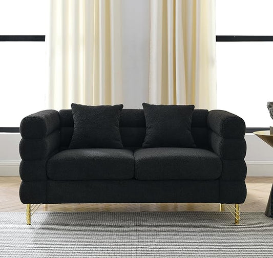 Comfy Loveseat Sofa 60-inch 2 Seater Boucle Couch with Deep Seat Design Upholstered Love Seat with 2 Pillows Modern Living Room Sofa with Stylish Metal Legs for Office Waiting Room Black Teddy