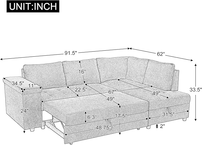 Modern 91.5-Inch L Shaped Sectional Sofa Couch Pull-out Sofa Bed Sleeper with Storage Ottoman and Wide Storage Armrest Polyester Convertible Corner Couch for Living Rooms Offices (Grey-9.8)