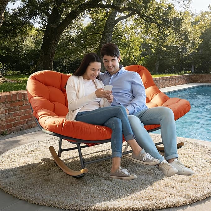 Double Papasan Rocking Chair Outdoor &amp Indoor Oversized Rocking Reclining Loveseat with Thick Cushion and Frame 660LBS Capacity Rocking Egg Chair for Porch Garden Living Room (Red)