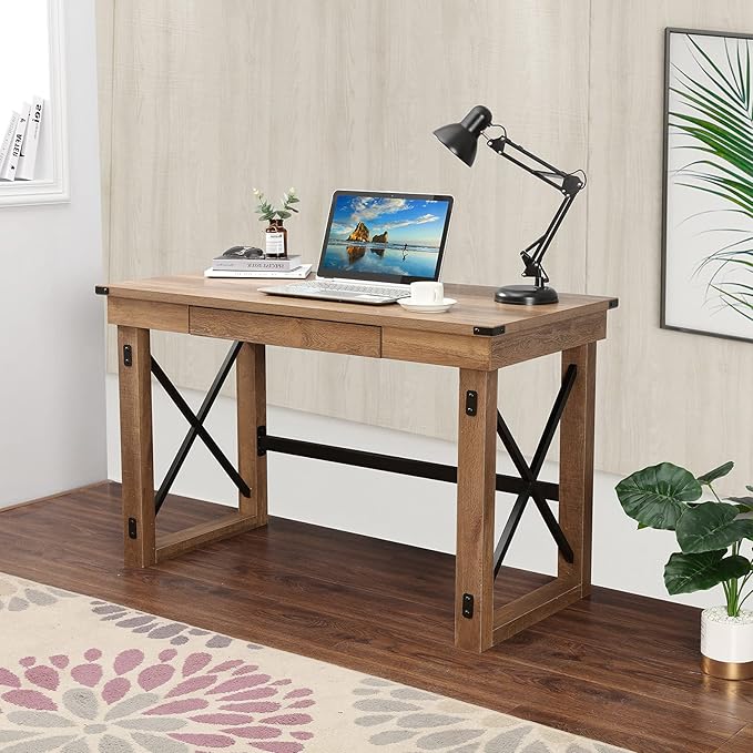 47.5 Writing Computer Desk Industrial Style Large Home Office Desk with Pull-Out Keyboard Tray and Black Metal Wooden Laptop Table for Work Study