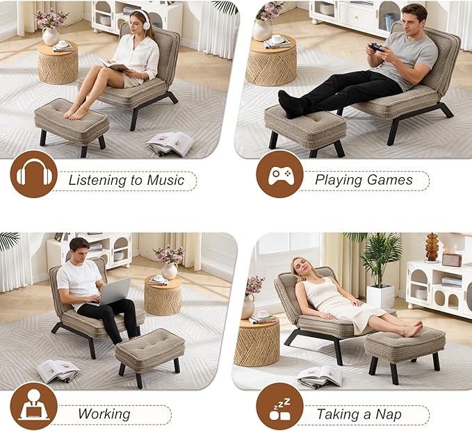 ANJ Accent Chair with Ottoman Adjustable Backrest Khaki Living Room Chair Tufted Upholstered Lounge Chair with Footrest Set Modern Chair Cozy Reclining Chair for Reading Room Bedroom