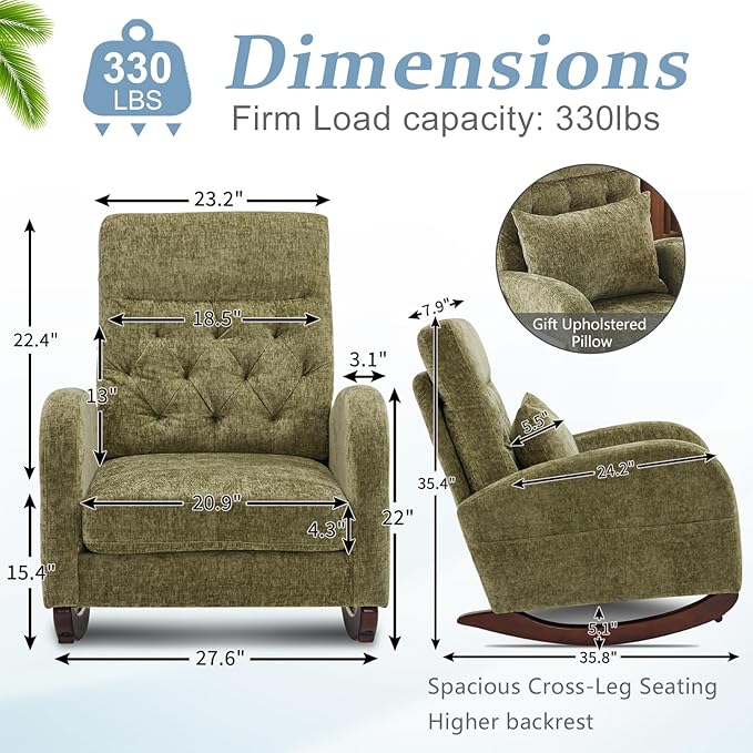 VINGLI Chenille Low Seat Rocking ChairUpholstered Nursery Glider Chair with Side PocketsAccent Arm Chair with High BackrestComfy Head RestSolid Woodfor Living Room Bedroom BalconyOlive Green