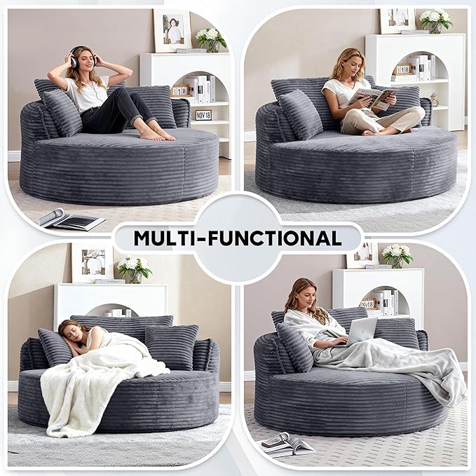 Oversized Round Chair Lounge Chaise Indoor 53.5 Corduroy Boneless Round Chair Fluffy Single Deep Seat Cloud Sofa Chairs Modern Circle Chaise Lounge for Bedroom Living Room Dark Grey