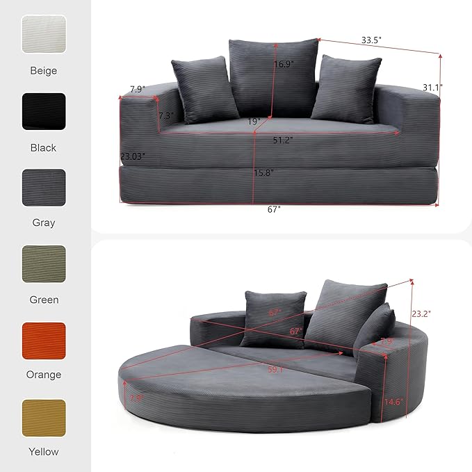 Casaphoria 67'' Wide Convertible Sofa BedLarge Fold-Out Floor Couch with Comfy Back PillowsMulti-Functional Sleeper for Living RoomGuestStudio(Gray)