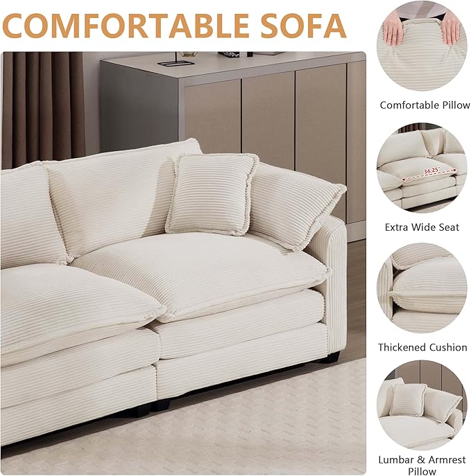 mikibama Luxury 3 Piece Sofa Set Loveseat Couch &amp 2 Single Sofa Set Modern Corduroy Comfy Cloud Couches Set for Living Room Office with 2 Armrest Pillows and 4 Toss Pillows Beige