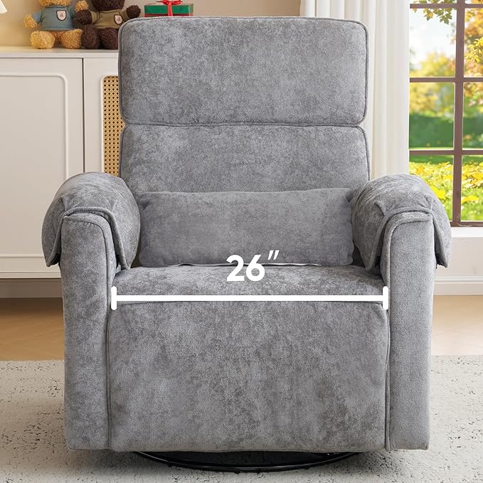 Oversized Power Recliner Chair 26 Extra Wide Swivel Rocker Recliner with Adjustable Headrest Chenille Glider Rocking Nursery Chair with Overstuffed Armrest USB Ports Grey