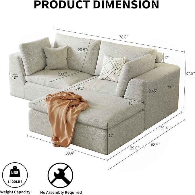 Cloud Couch Loveseat 79 Boneless Deep Seat Sofa with Ottoman 2-Seater Modular Ergonomic Couch for Living Room Memory Foam Comfy Sofa No Assembly Required (Beige1 Ottoman)