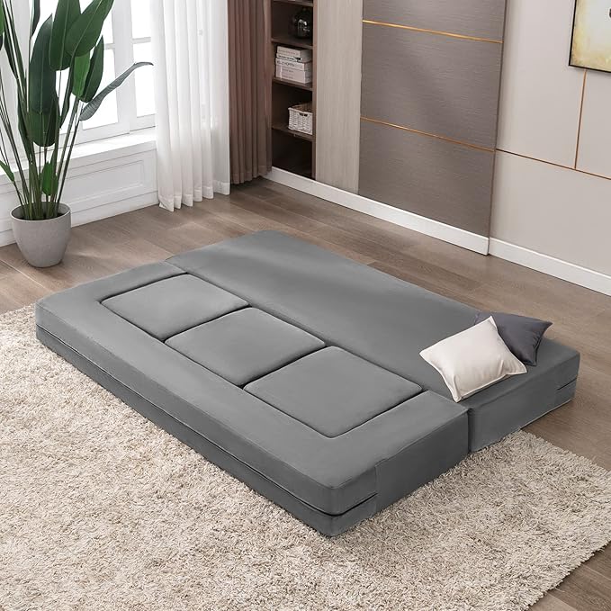 CECER 80 Convertible Floor Sofa BedFolding Sofa Bed with 3 OttomansVelvet Modular Sectional Futon SleeperFoldable Memory Foam Couch for Living Room/Guest Room/Playroom（Light Grey）