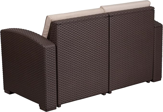 Flash Furniture Seneca Chocolate Brown Faux Rattan Loveseat with All-Weather Beige Cushions