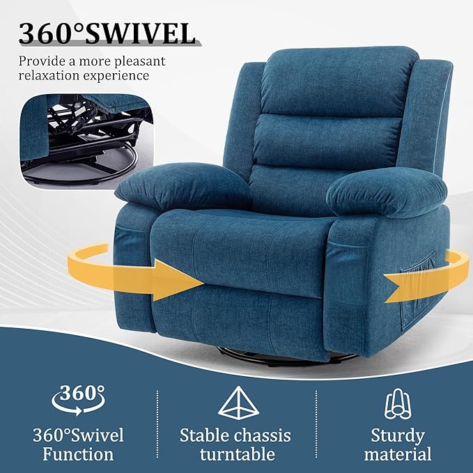 Recliner Chair Wide Rocker Chair Rocking Chair with Massage and Heat360°Swivel Nursery Rocking Chairs Oversized Recliner for Adults Cashmere Reclining Sofa for Living Room Blue