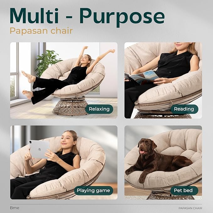 Bme Metal Oversized Swivel Papasan Chair Living Room Chair with Beige Cushion Brown Frame 360° Swivel Skillfully Woven Resin Wicker 46 Inch Wide Bee-Designed Base Modern Style Indoor Use